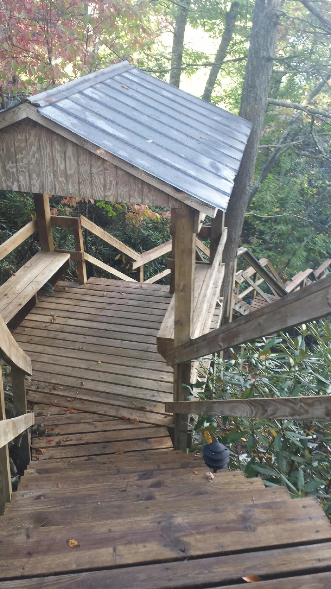 Metal roofed shelter over wooden steps on a wooded walkway — Skylight Repair & Installation work by our crew in Valley Park